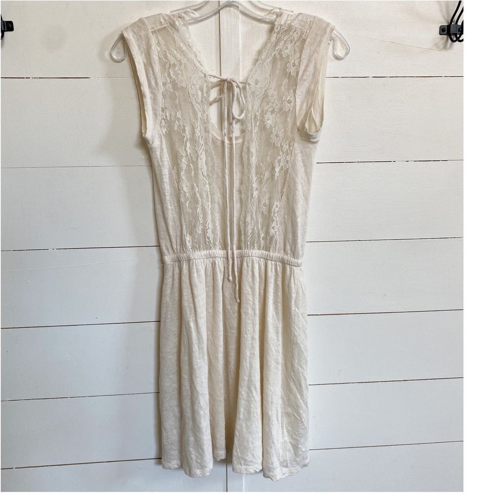 ZARA Collection Ecru 100% Linen Open Lace Back Dress Elastic Waist, Tie Back - S